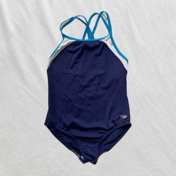 Navy blue white and bright blue Speedo girls one piece - Picture 1 of 7